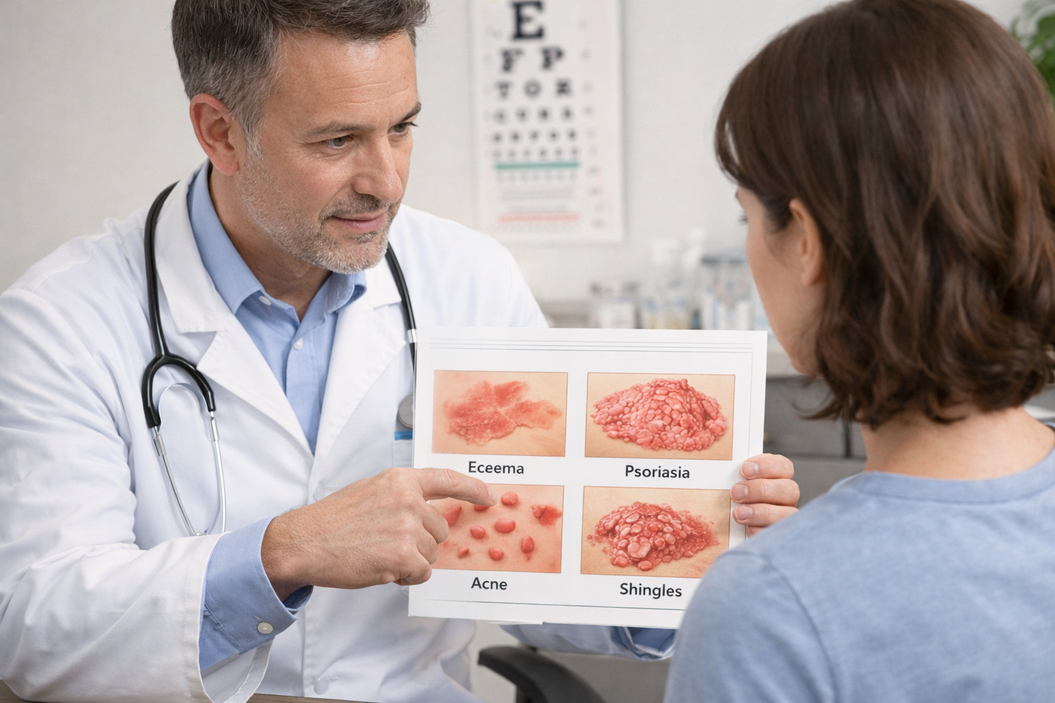 Doctor explaining a skin condition to a patient during a dermatology consultation.