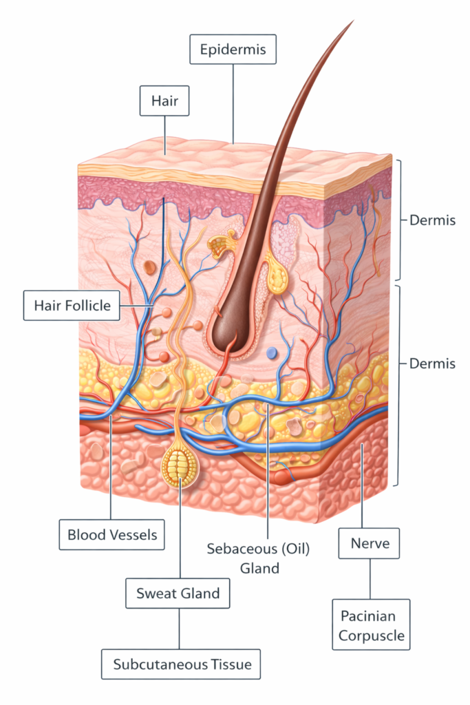 Medical diagram of human skin layers showing epidermis, dermis, hair follicle, and sweat glands.