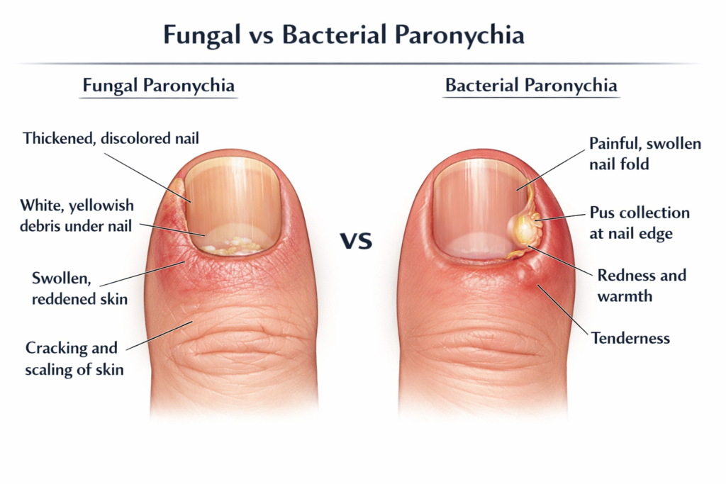 Medical illustration comparing fungal paronychia and bacterial paronychia showing nail fold inflammation, pus formation in bacterial infection, and thickened discolored nail with debris in fungal infection.