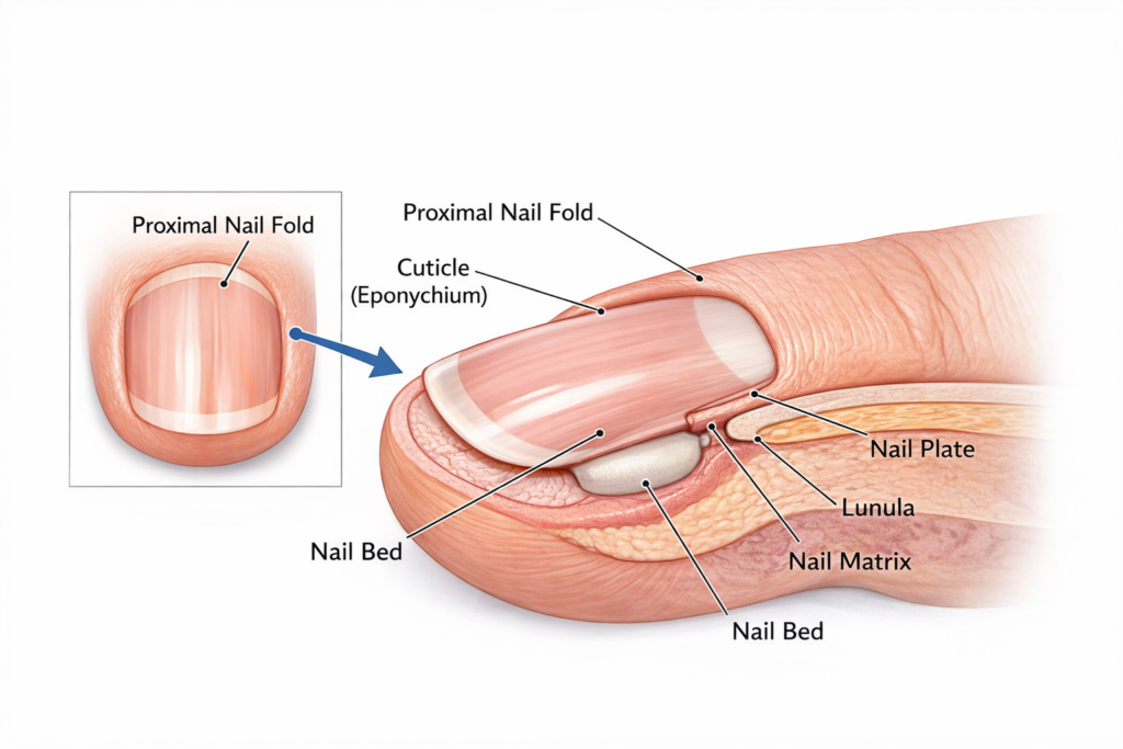 Medical illustration of nail anatomy showing the proximal nail fold, cuticle (eponychium), nail plate, nail matrix, lunula, and nail bed in a cross-sectional diagram.