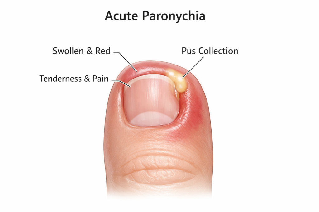 Acute paronychia showing mild redness and swelling around the fingernail