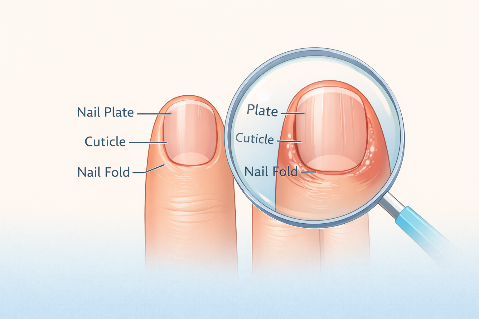 Chronic paronychia showing swollen nail fold and damaged cuticle under magnified view