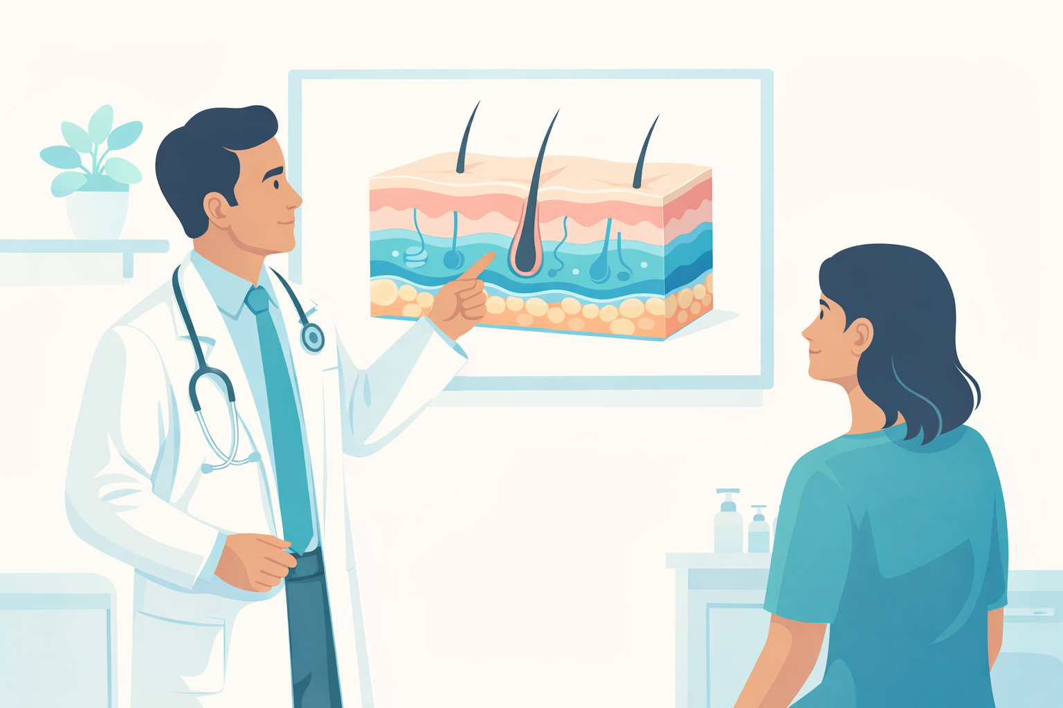 Doctor explaining a skin cross-section diagram to a patient during a dermatology consultation
