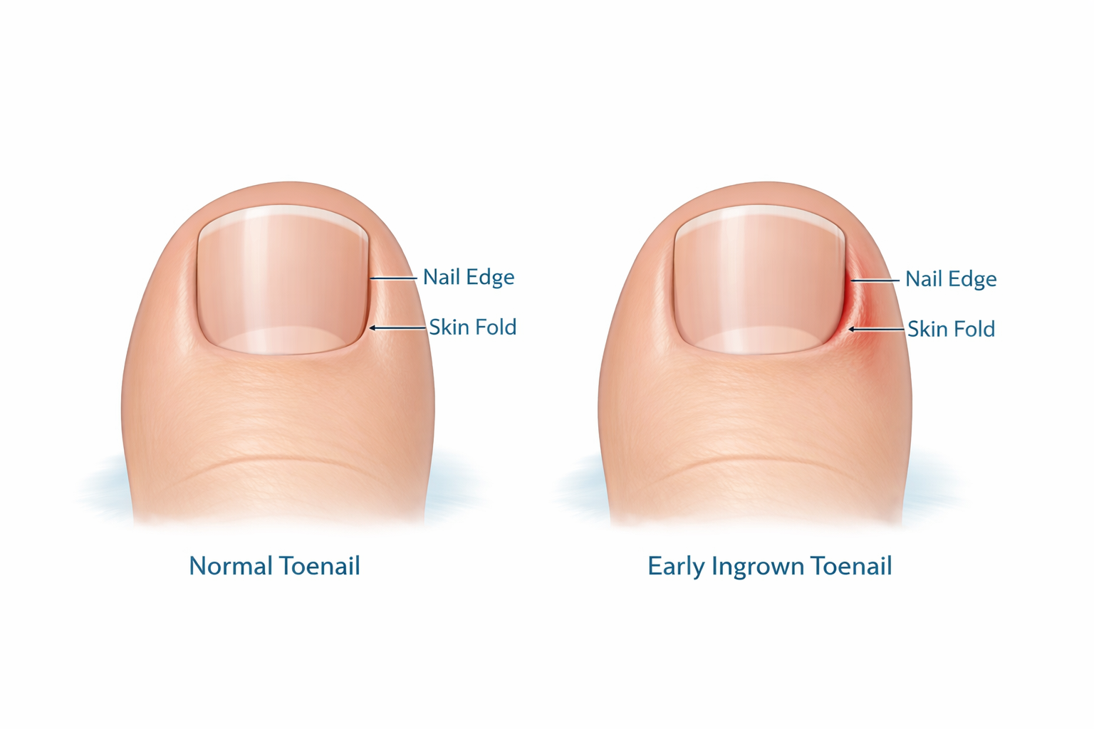 Mild ingrown toenail compared to normal toenail showing slight redness at nail edge