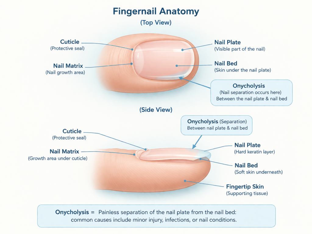 Nail anatomy diagram showing nail plate, nail bed, and area of nail separation