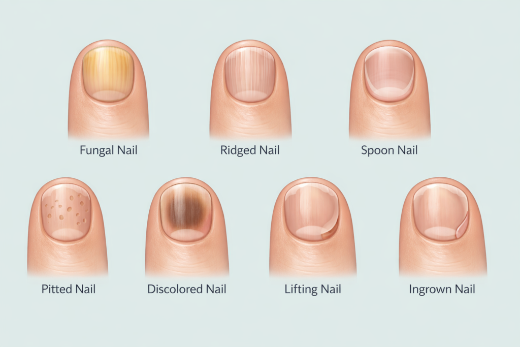 illustration showing common nail conditions including fungal nail ridged nail spoon nail and nail discoloration