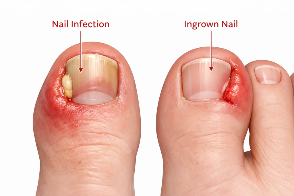 Medical illustration comparing nail infection and ingrown toenail with inflamed skin and pus