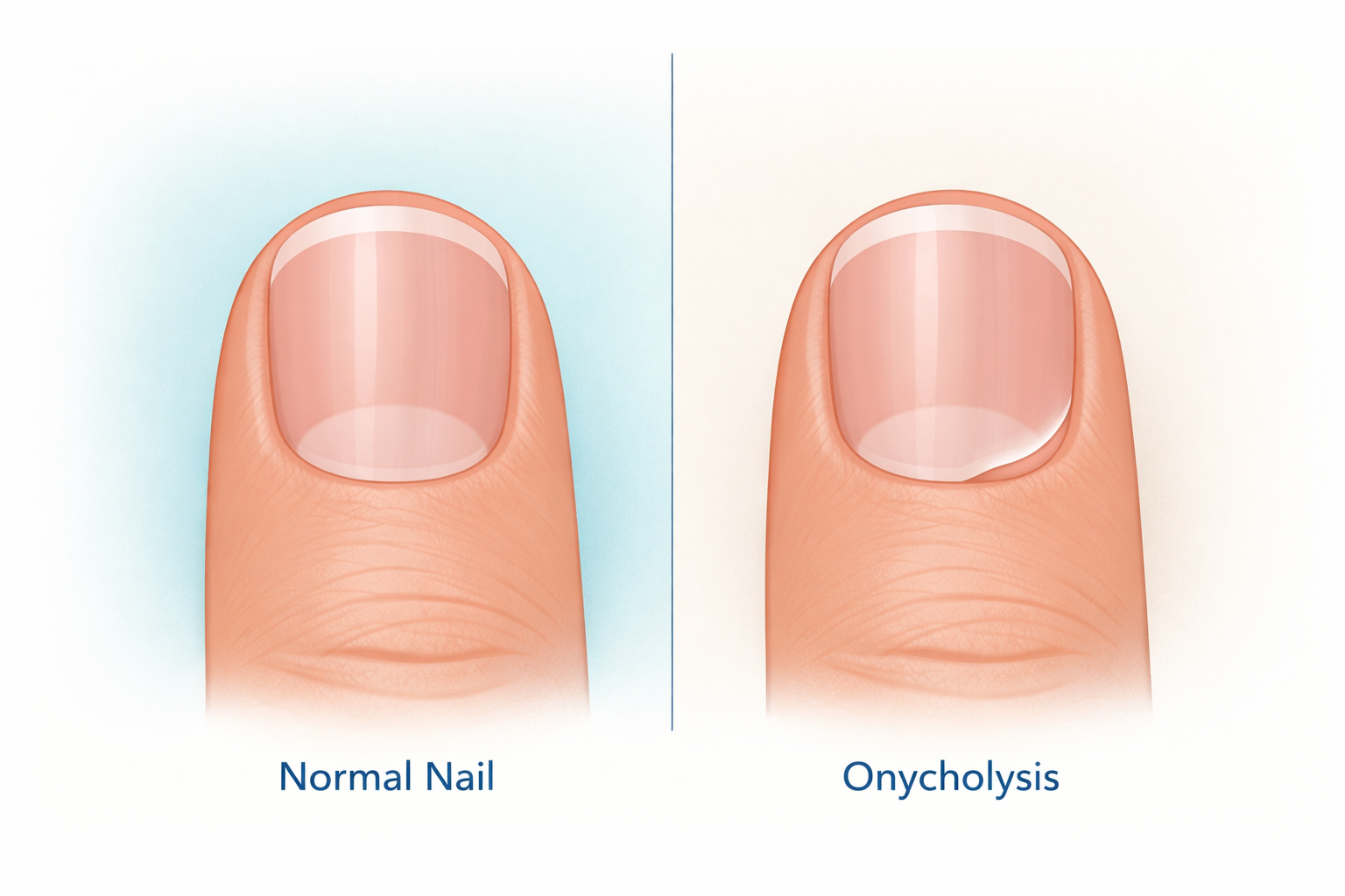 Nail separation (onycholysis) showing nail lifting from nail bed at the tip