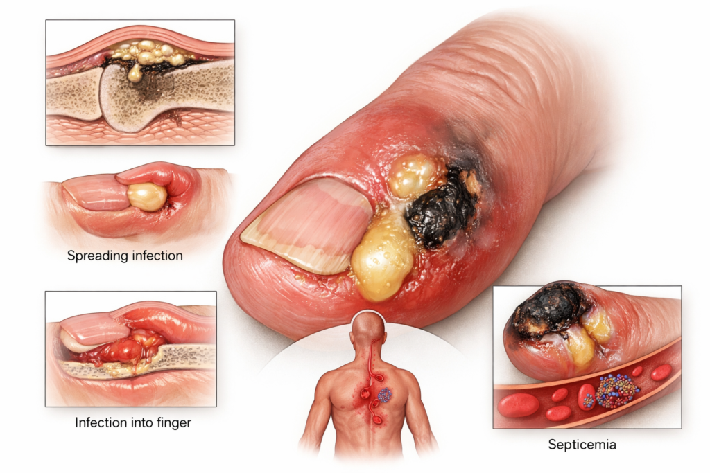 Medical illustration showing severe untreated paronychia with swollen nail fold, abscess formation, tissue necrosis, and spreading finger infection.