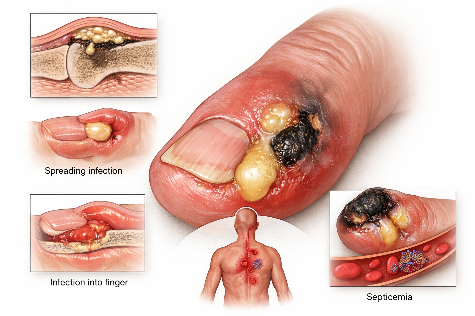 Medical illustration showing severe untreated paronychia with swollen nail fold, abscess formation, tissue necrosis, and spreading finger infection.