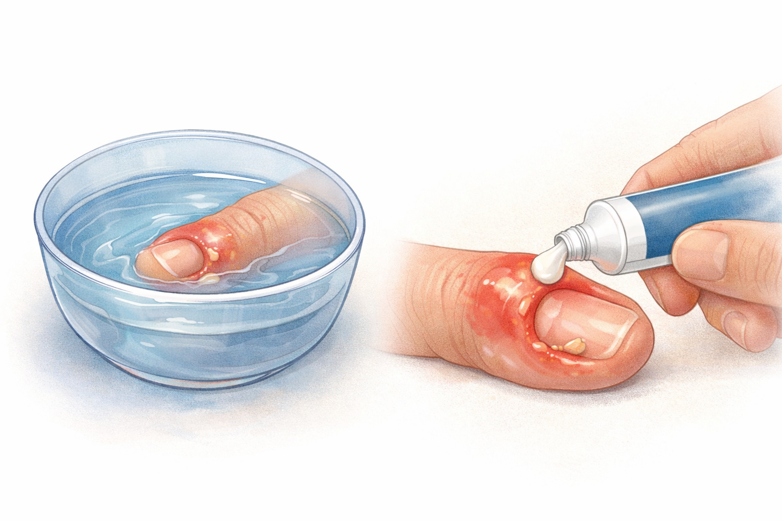 Medical illustration showing treatment of paronychia with warm water soak and topical antibiotic applied to infected nail fold.