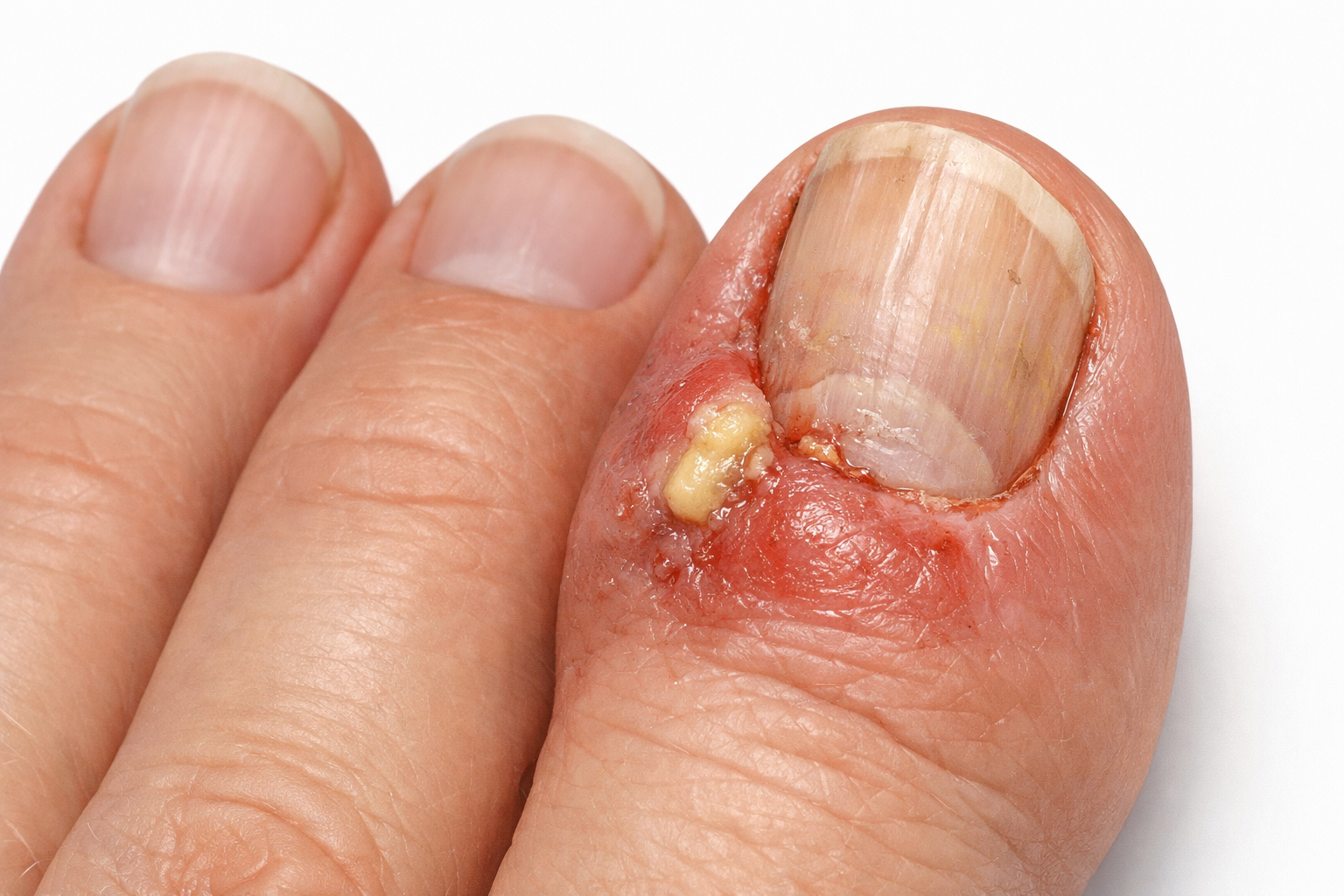 Recurrent nail fold infection with redness, swelling, and pus around the toenail (paronychia)