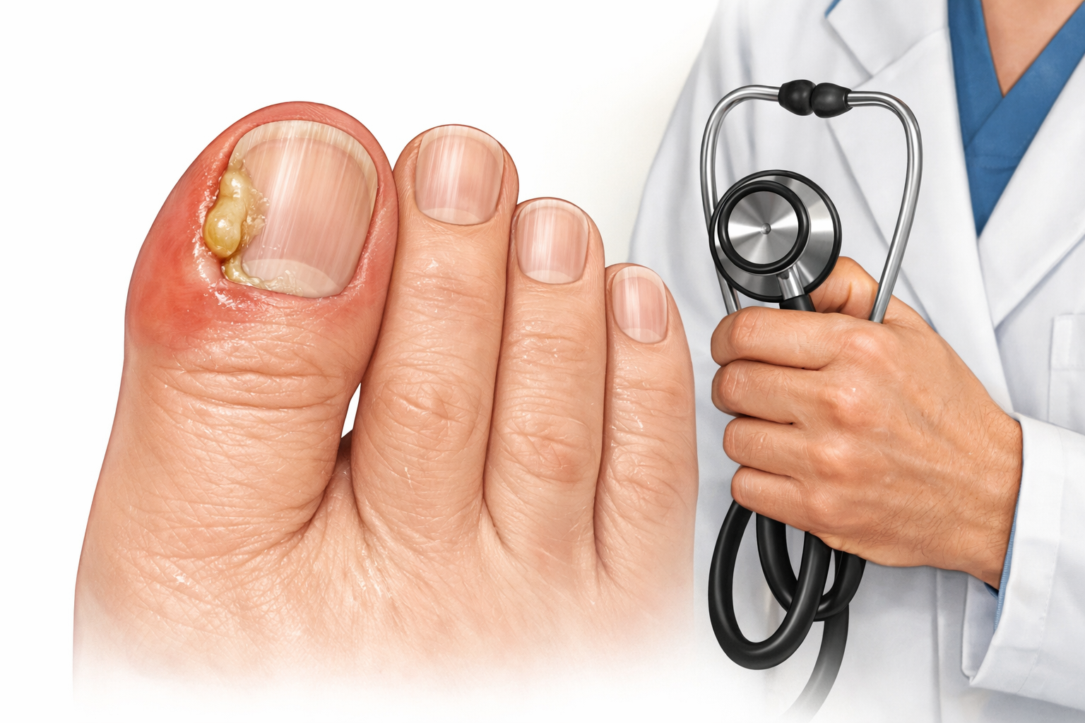 Medical illustration of an infected toenail with redness, swelling, and pus next to a doctor holding a stethoscope.