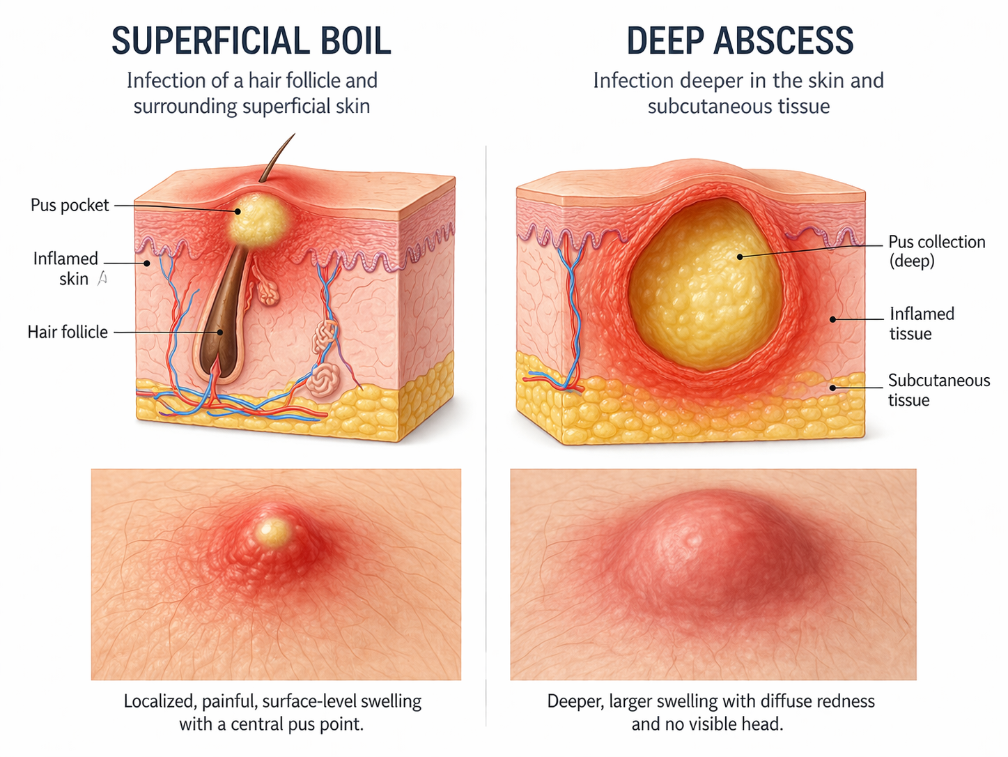 Comparison illustration showing a superficial boil affecting a hair follicle versus a deep abscess involving subcutaneous tissue with swelling and pus collection