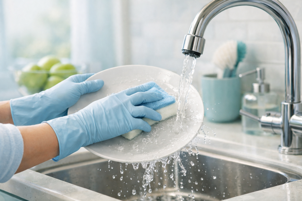 Person wearing protective gloves for wet work while washing dishes to prevent dry irritated hands