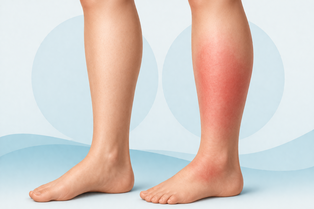 Mild cellulitis symptoms showing redness and slight swelling on lower leg compared to normal skin