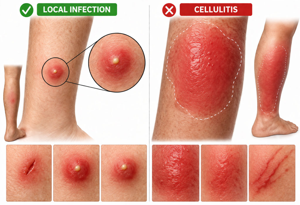 Medical illustration showing difference between localized skin infection and cellulitis, with a small pus-filled lesion on one side and a large spreading red swollen area on the other.