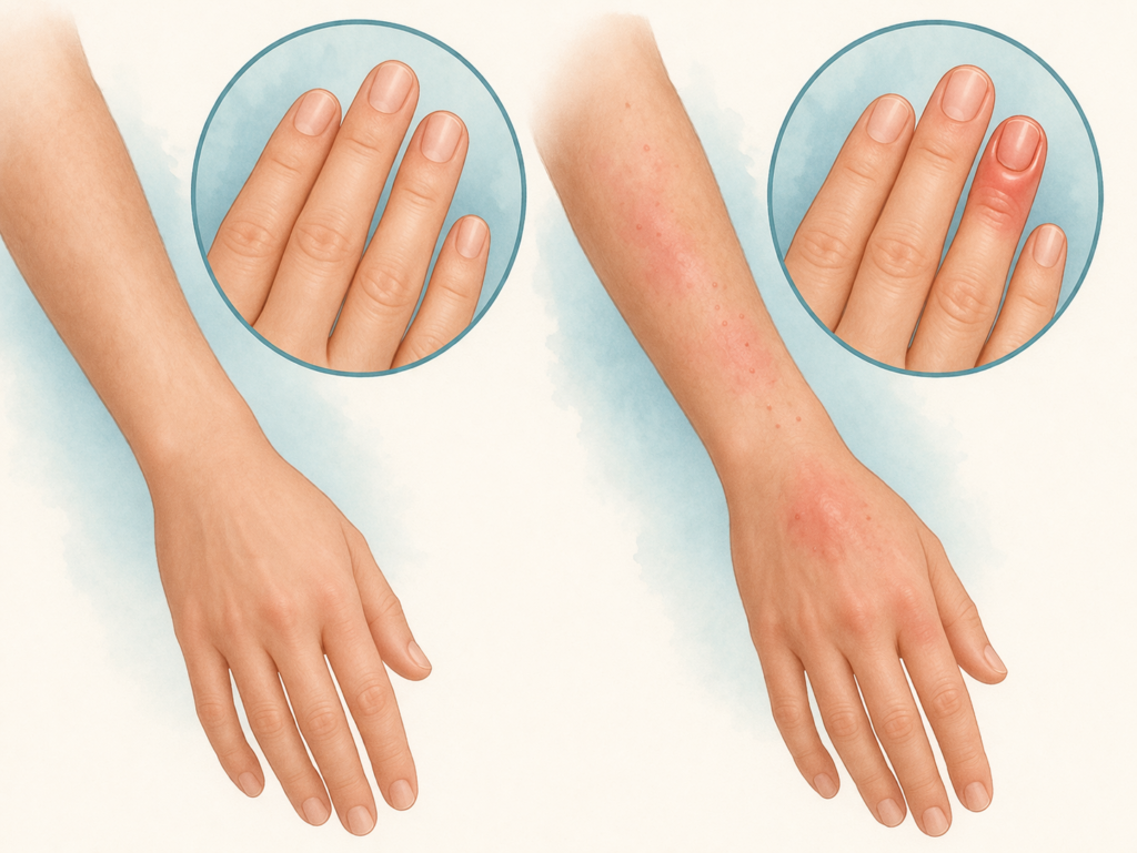 Common skin infections showing mild redness and early symptoms on hand and forearm