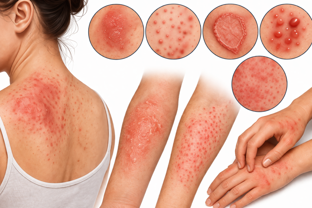Medical illustration showing different types of common skin rashes on back, arms, and hands including red inflamed and bumpy lesions
