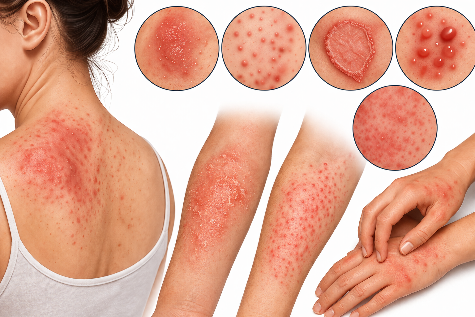 Medical illustration showing different types of common skin rashes on back, arms, and hands including red inflamed and bumpy lesions