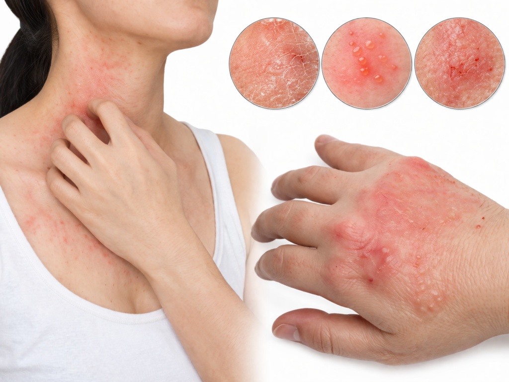 Contact dermatitis rash showing red irritated skin on neck and hand with dryness and small blisters