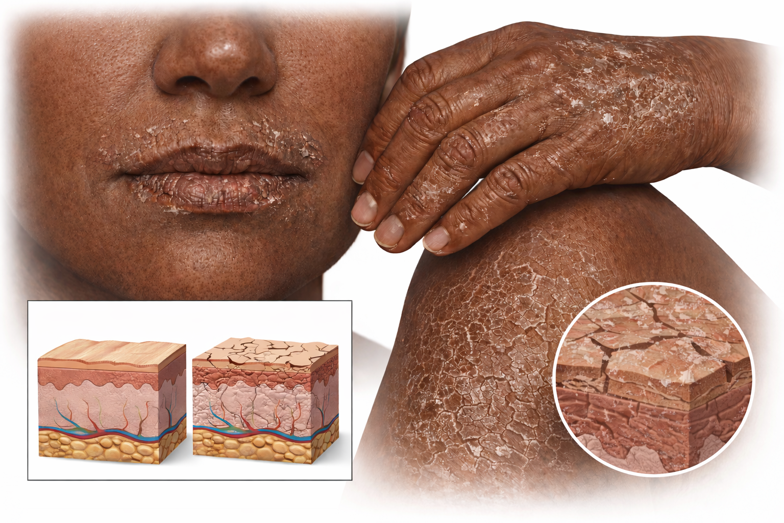 Dry skin (xerosis) in darker skin tones often presents with ashiness, scaling, and visible cracking across areas such as the lips, hands, and knees.