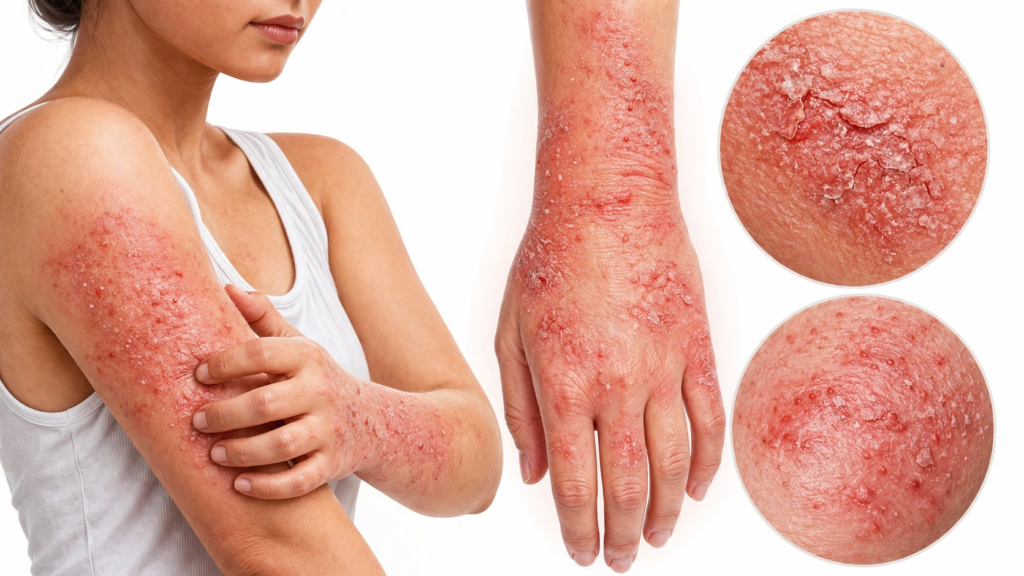 Eczema on arm showing red inflamed dry cracked skin with scaling and irritation