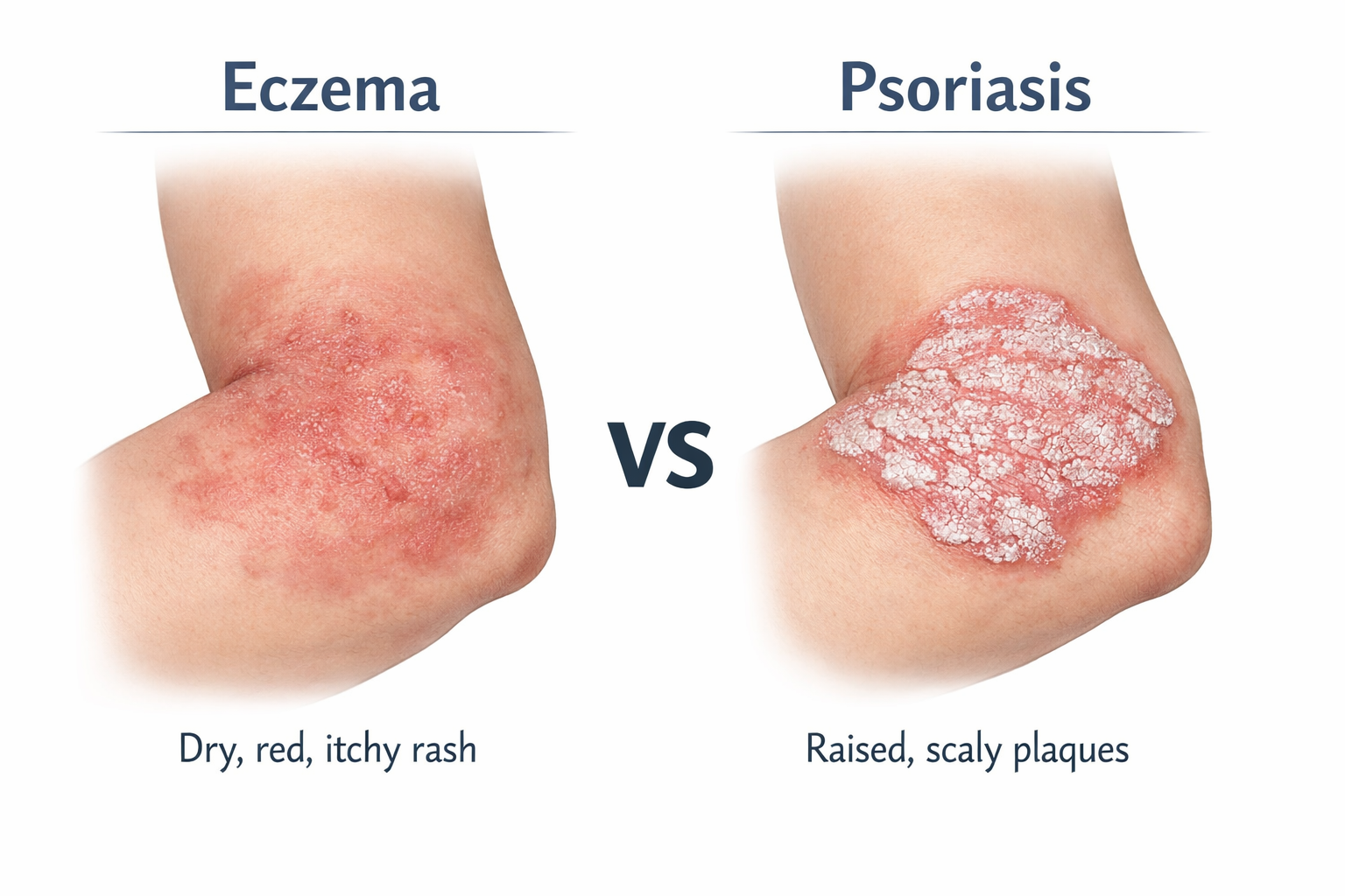 Comparison of eczema and psoriasis showing dry, itchy rash versus raised scaly plaques on skin
