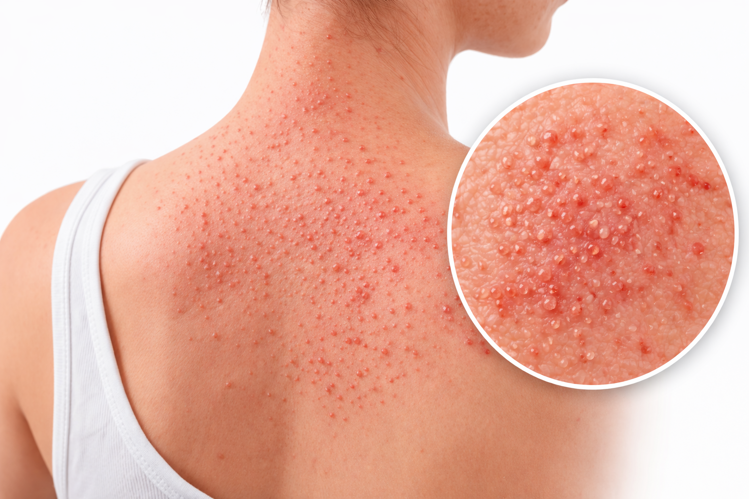 Close-up medical illustration of heat rash (prickly heat) showing red bumps and small fluid-filled vesicles on the upper back and neck