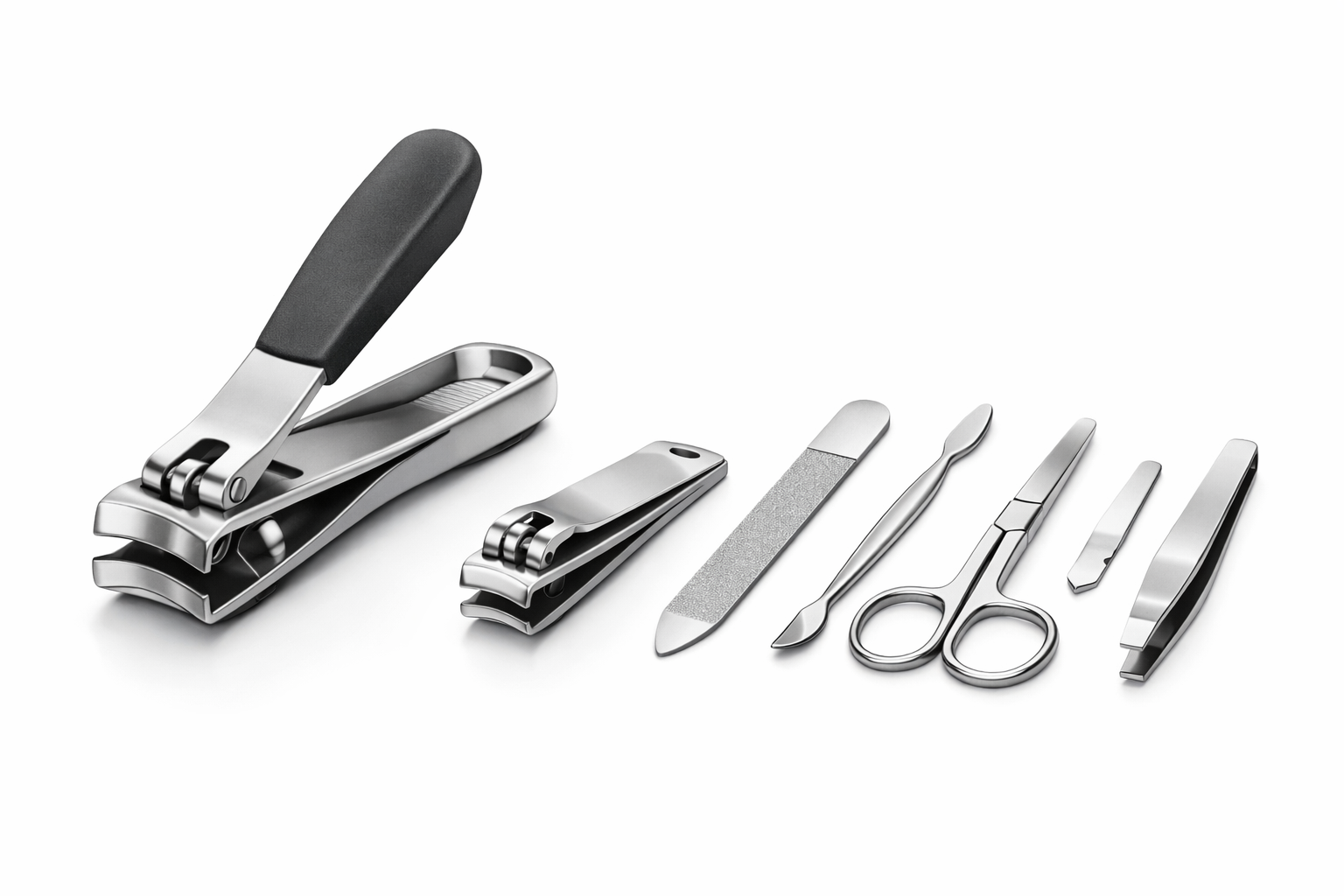 Heavy-duty stainless steel nail clipper set for thick nails with wide-jaw toenail clippers, fingernail clipper, nail file, and grooming tools arranged on a clean white background.