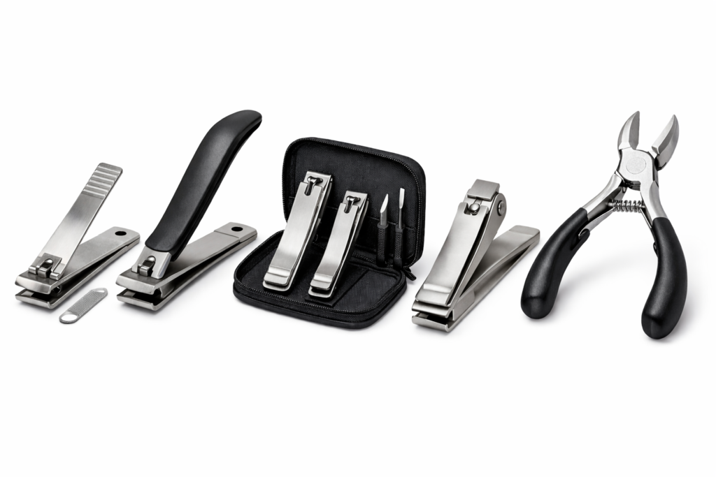 Comparison image of five heavy-duty nail clipper sets for thick nails arranged side by side on a white background, featuring wide-jaw toenail clippers, ergonomic long-handle clippers, precision sets, and premium steel models.