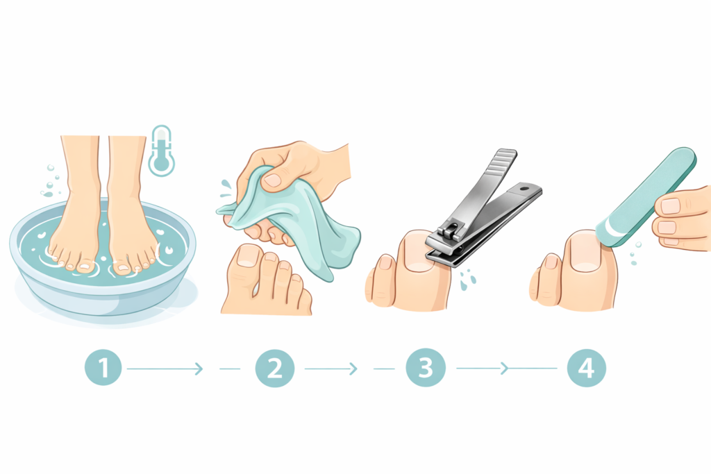 Step-by-step infographic showing how to trim thick toenails safely by soaking feet, drying nails, clipping thick toenails, and smoothing edges with a nail file.