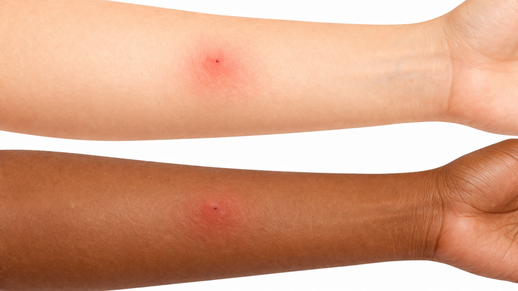 Mild infected insect bite with redness and swelling on skin