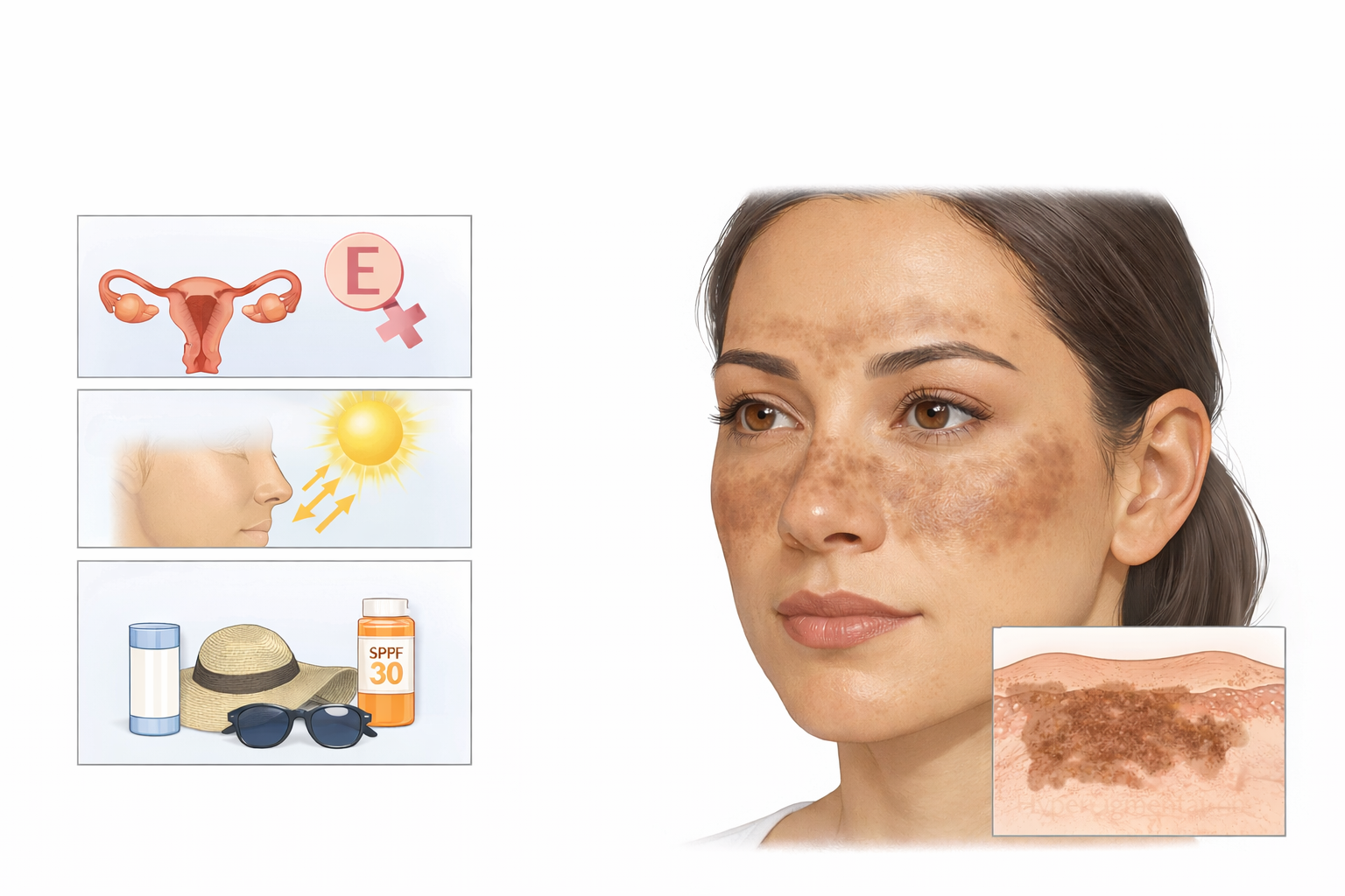 Close-up medical illustration of facial melasma showing symmetrical brown hyperpigmented patches on cheeks, nose, and upper lip