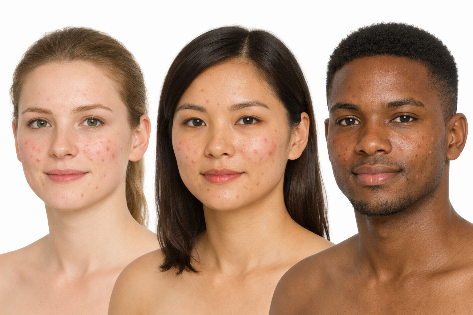 Medical illustration showing mild facial acne (papules and pustules) in individuals with diverse skin tones under soft lighting, highlighting realistic skin texture and inflammation.