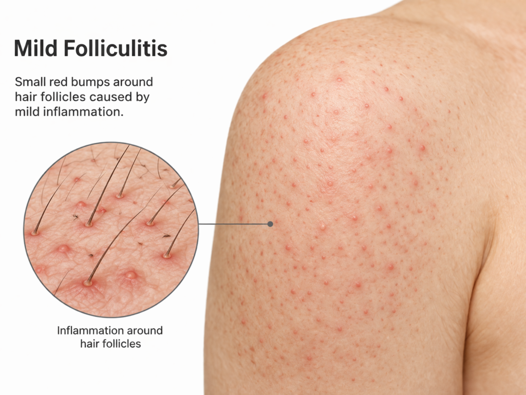 Medical illustration of mild folliculitis showing small red bumps around hair follicles on the upper arm