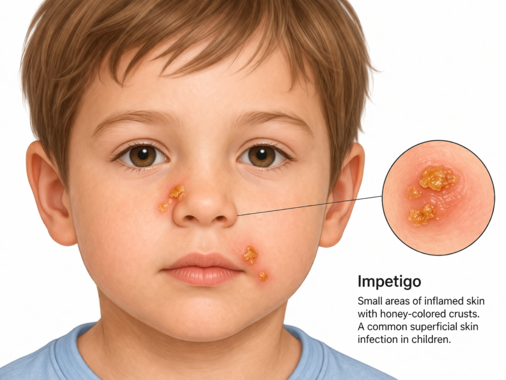 Mild impetigo on child’s face showing small honey-colored crusted lesions around nose and mouth
