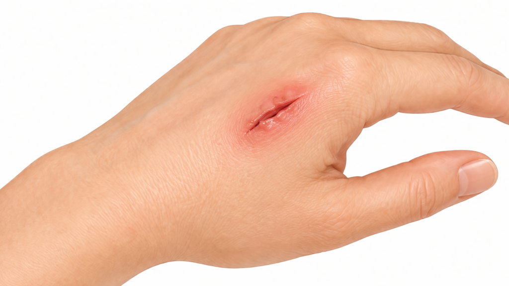 Mild infected cut on the back of the hand showing slight redness and swelling, clean medical illustration