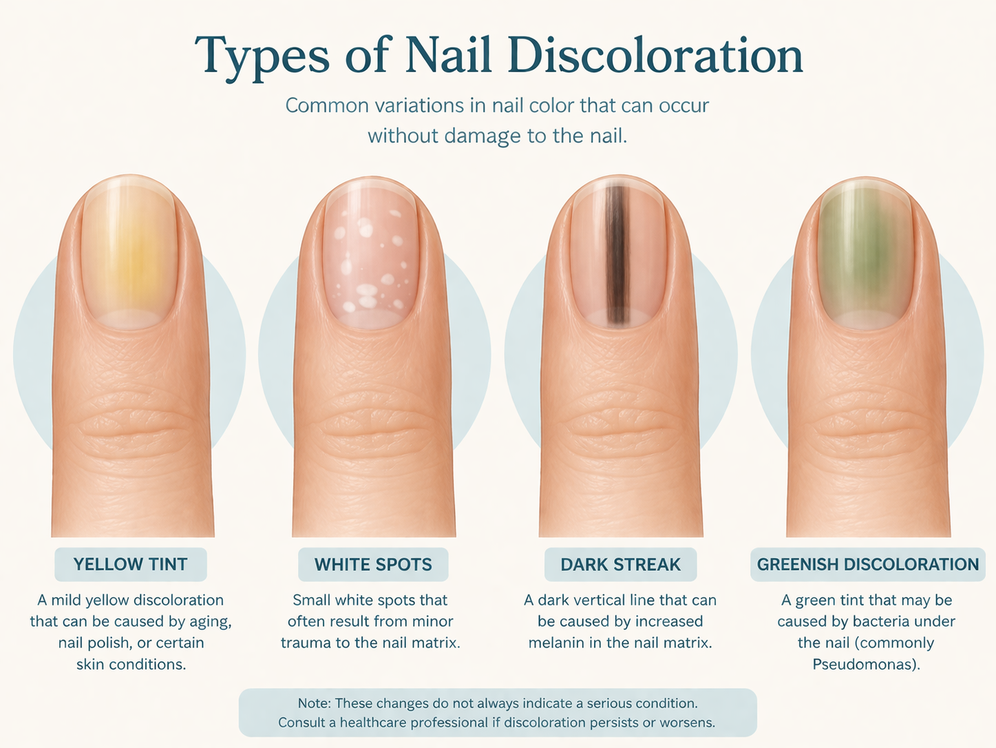 Nail discoloration showing yellow, white spots, dark streak, and green nail changes