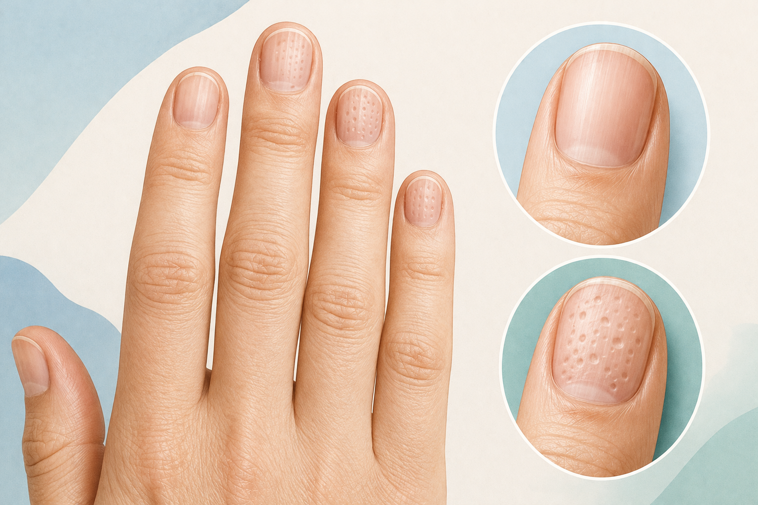 Nail pitting showing small dents on fingernails compared to a normal smooth nail