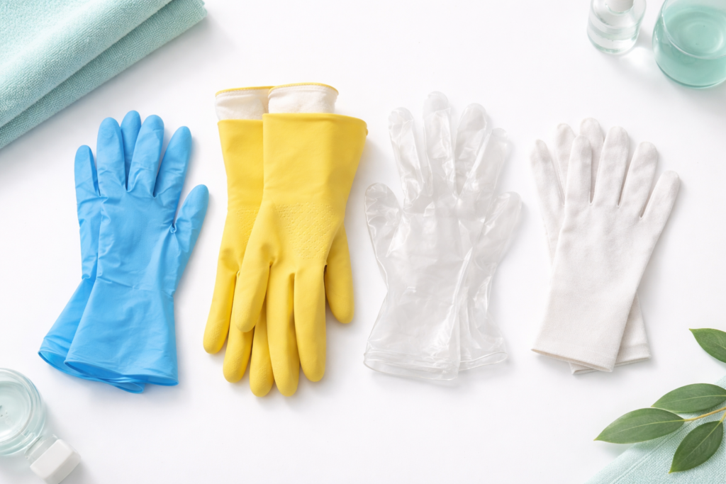 Nitrile gloves, cotton-lined dishwashing gloves, vinyl gloves, and cotton glove liners neatly arranged on a white background.