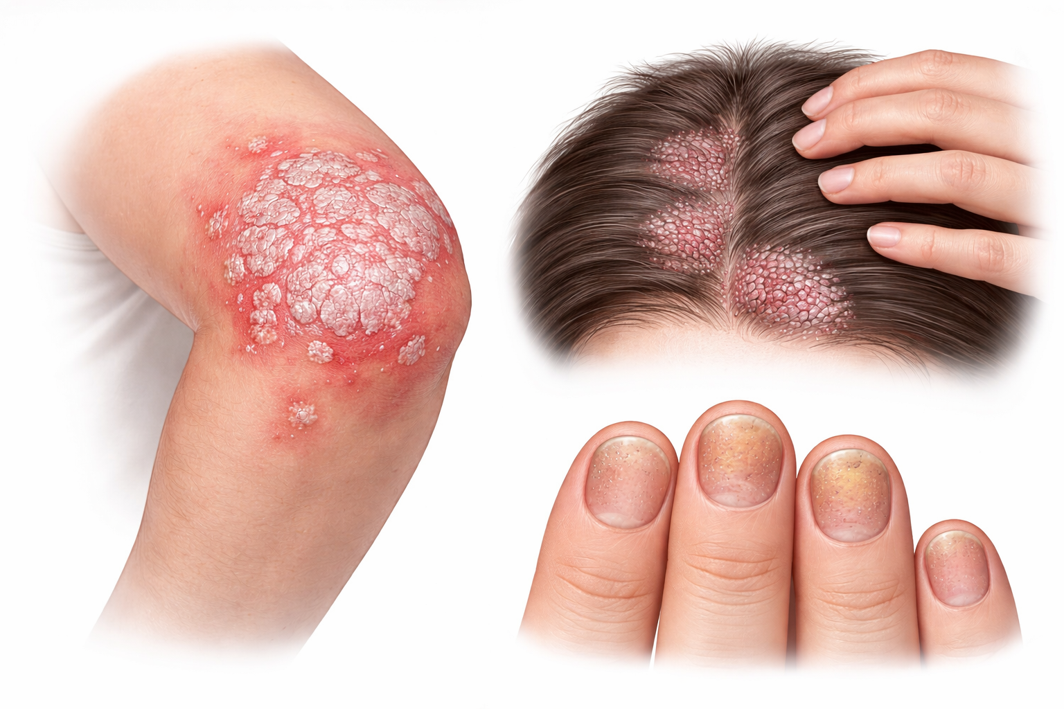 Medical illustration of psoriasis showing red scaly plaques on the elbow, scalp involvement with flaking, and fingernail changes including pitting and discoloration