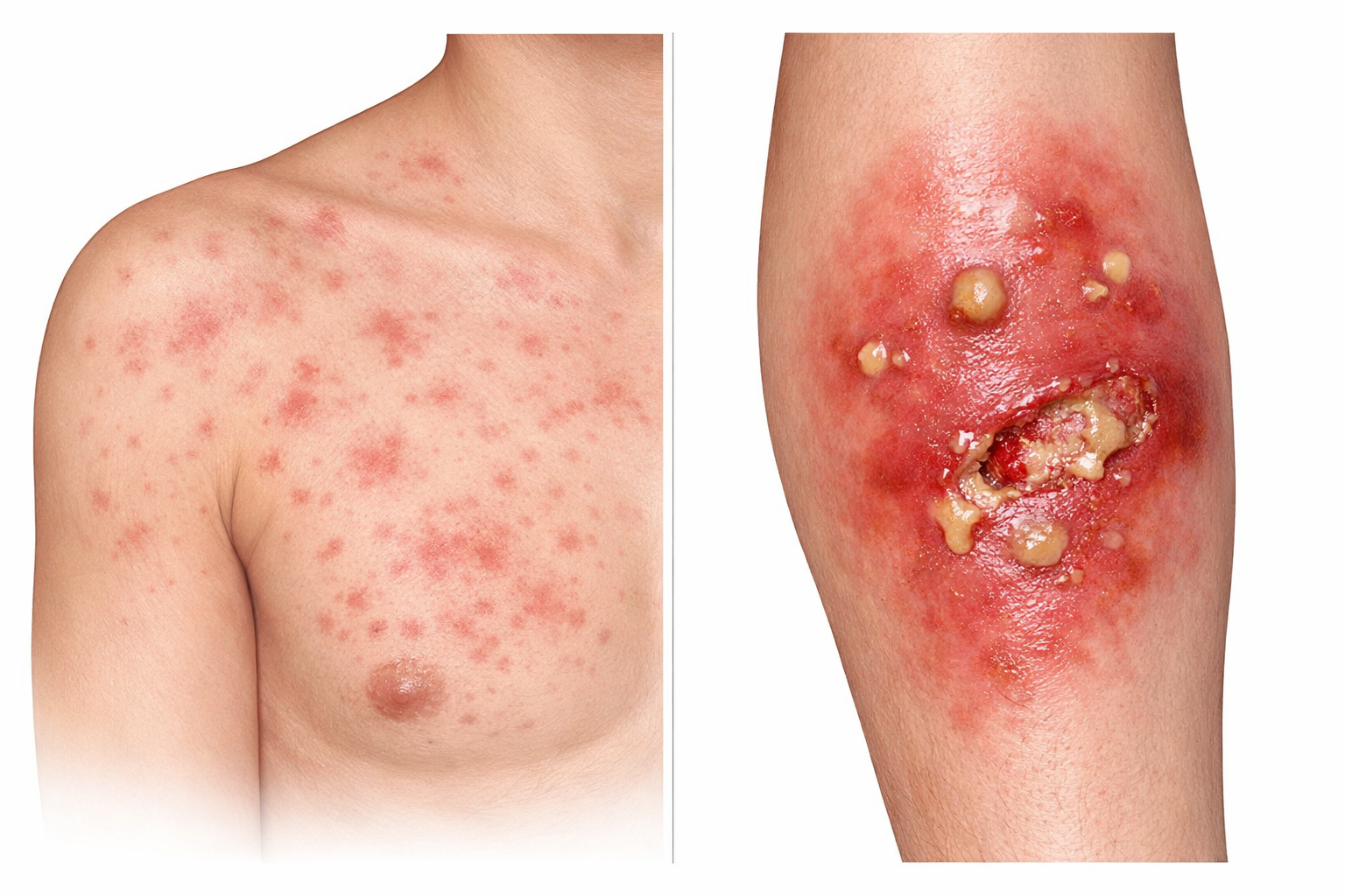 Side-by-side medical illustration showing a non-infectious skin rash versus an inflamed skin infection with pus and swelling