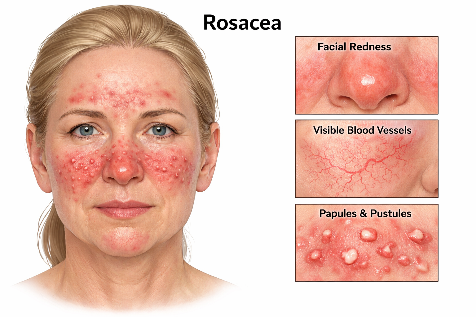 Rosacea on face showing facial redness, visible blood vessels, and inflammatory papules and pustules