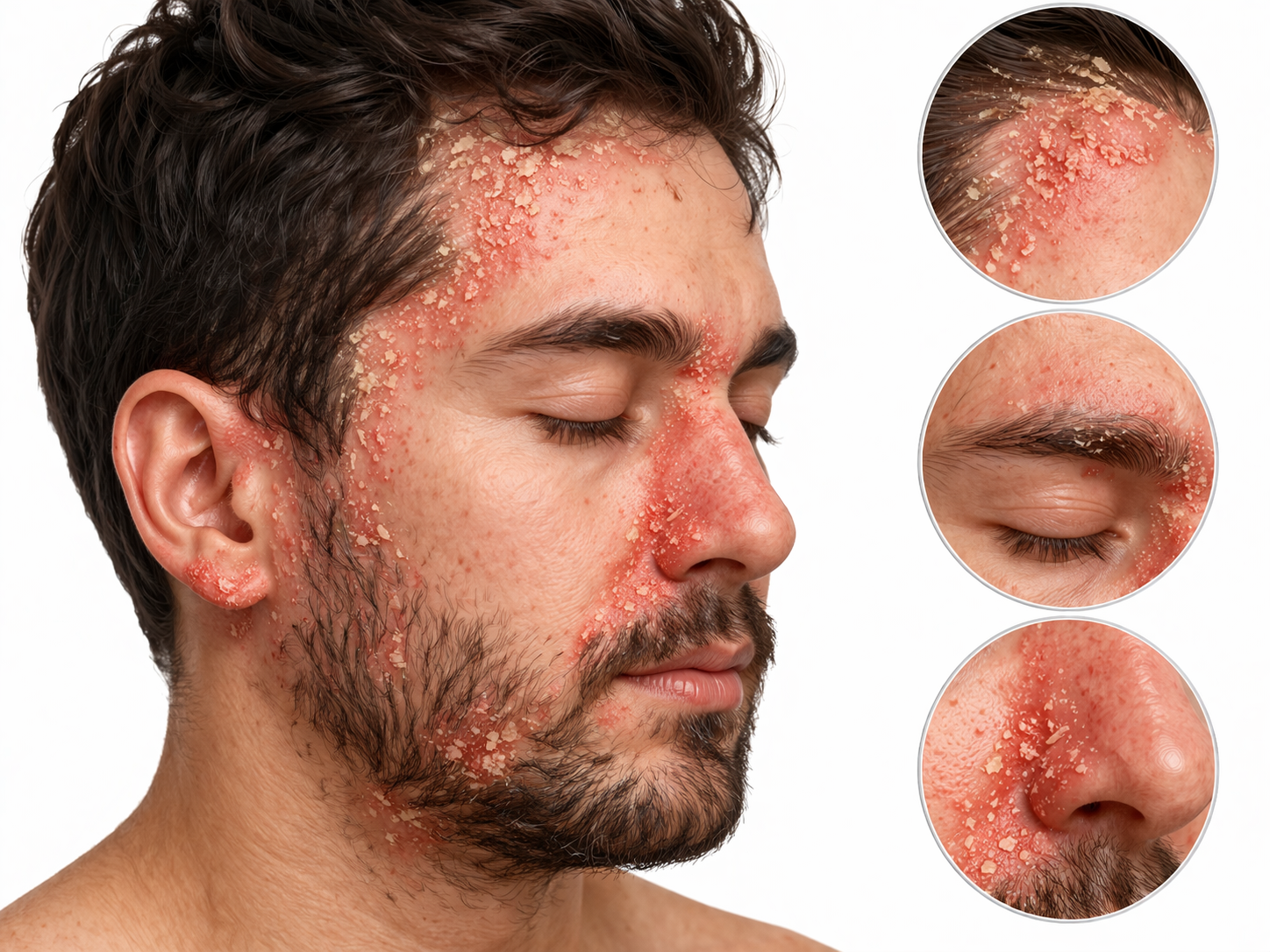 Male face with seborrheic dermatitis showing red inflamed skin and flaky scales on scalp, eyebrows, and nose