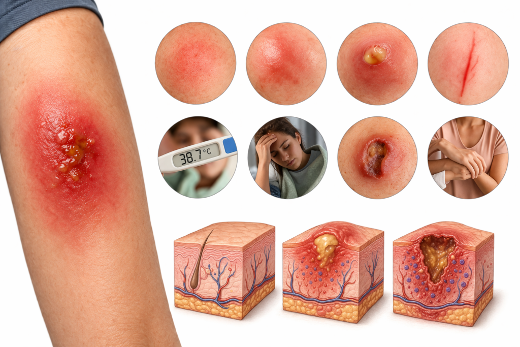 Inflamed skin infection on arm with redness swelling pus lesion and surrounding irritation medical illustration