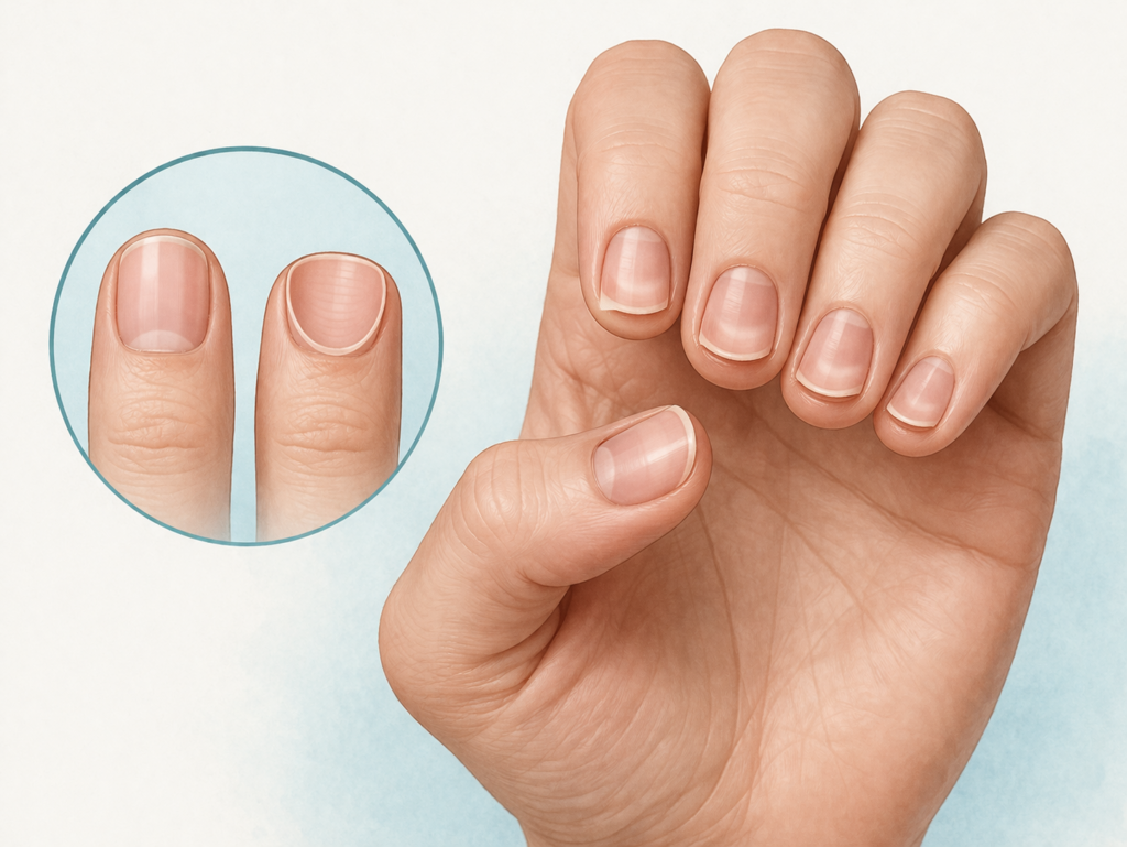 Spoon nails showing concave nail shape compared to normal nail