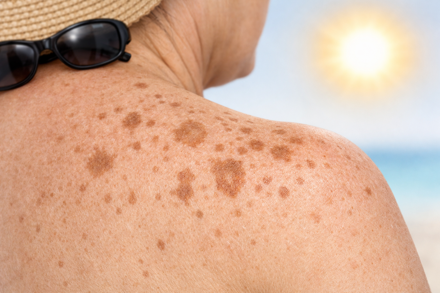 Close-up of sunspots (solar lentigines) on shoulder and upper back showing multiple brown pigmented spots caused by sun exposure