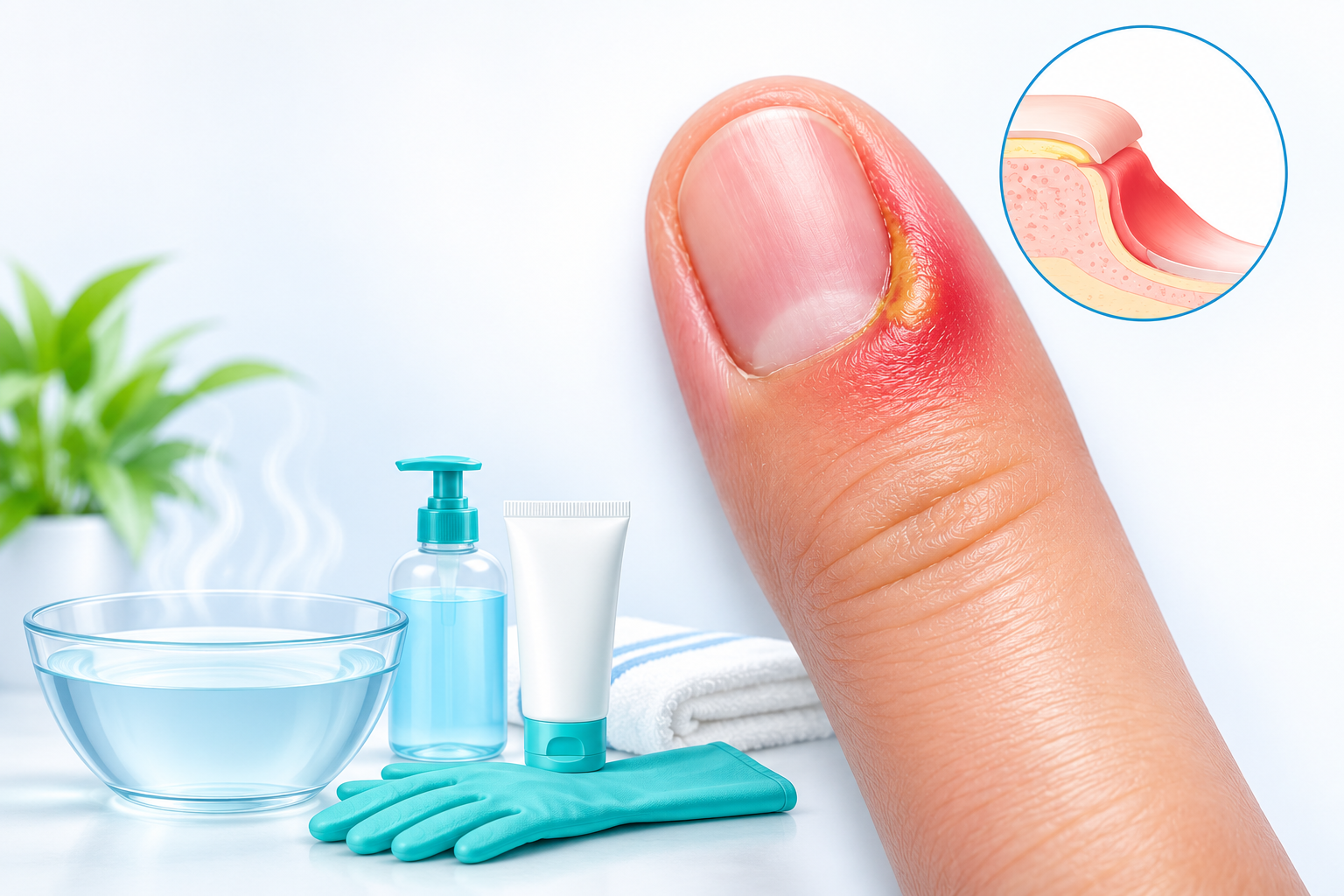 Illustration of paronychia with recommended home care products including warm water soak, moisturizer, protective gloves, and gentle cleanser.